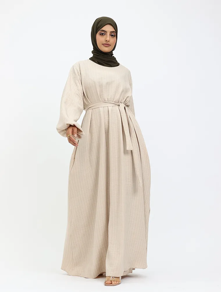 Beige Stripe Linen Feel Essential Abaya